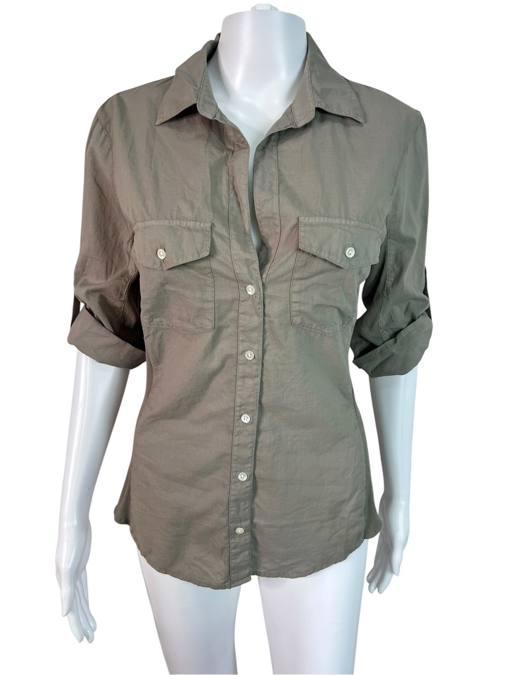 James Perse Blouse Top Ribbed Knit Panels Taupe Button-Down Shirt